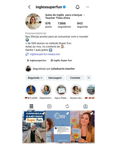Perfil do Instagram @inglessuperfun — aulas de inglês para crianças