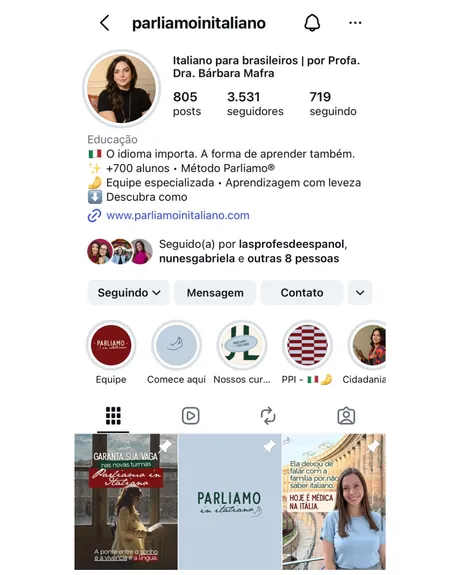 Perfil do Instagram @parliamoinitaliano — curso de italiano para brasileiros