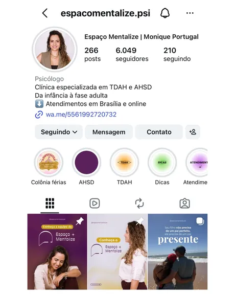 Perfil do Instagram @espacomentalize.psi — clínica de psicologia especializada em TDAH e AHSD