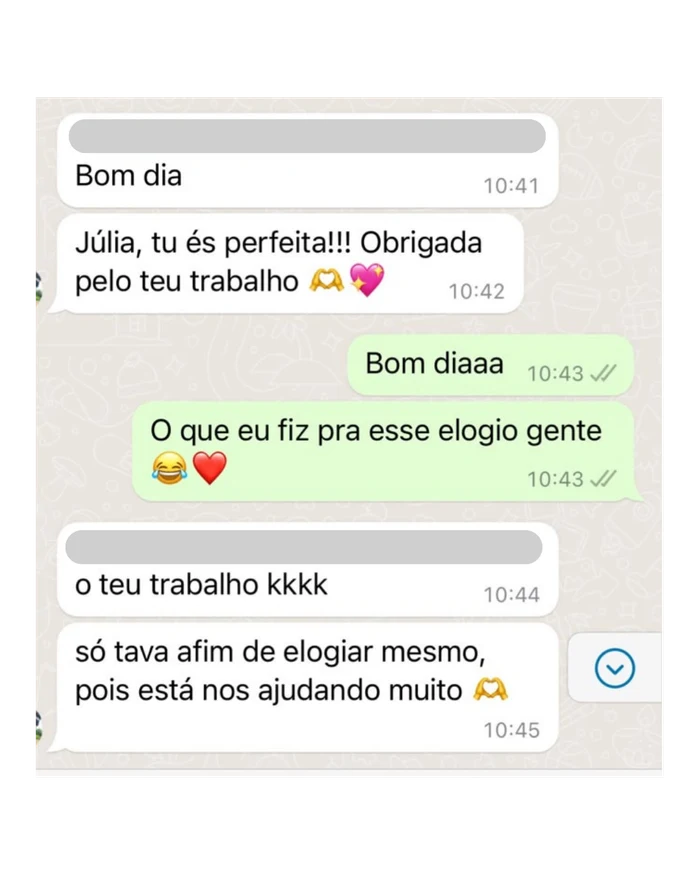 Print de depoimento de cliente no WhatsApp